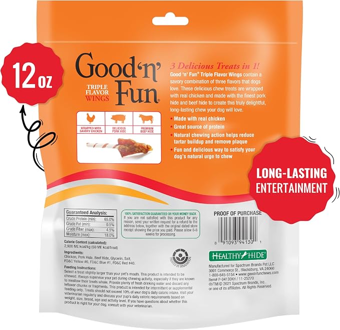Good 'n' Fun Triple Flavor Wings Chews for All Dogs, 12 Ounces, Treat Your Dog to Long-Lasting Chews Made from Chicken, Pork Hide and Beef Hide (3-Pack)
