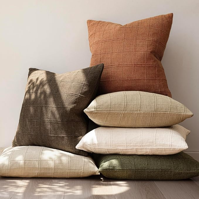 Foindtower Set of 2 Decorative Linen Check Throw Pillow Covers Neutral Farmhouse Lumbar Cushion Covers Modern Boho Home Decor for Sofa Chair Couch Bedroom Living Room,12×24 Inch,Orange