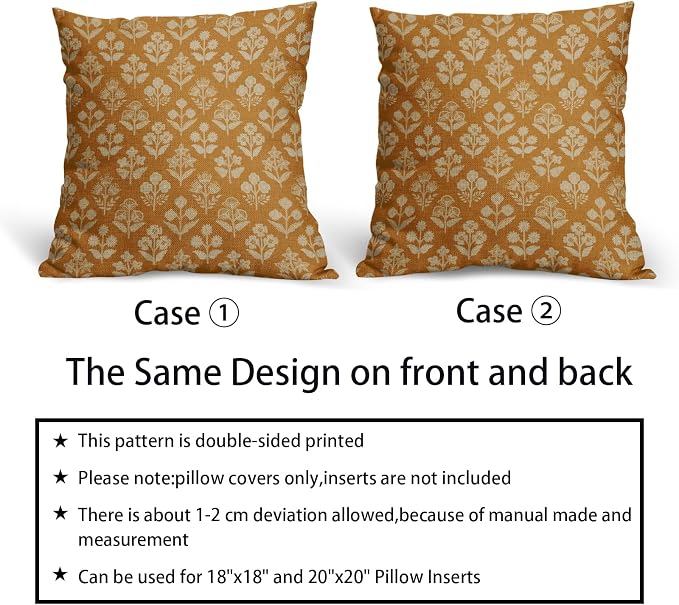 Mustard Yellow Floral Block Print Pillow Covers 18x18 Inch Set of 2, Vintage Flower Pattern Decorative Throw Pillowcases Outdoor Farmhouse Cushion Covers Spring Summer Rustic Sofa Couch Bed Decor