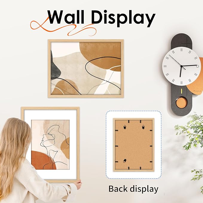 12x16 Picture Frame Natural Set of 2, Photo Frame with HD Plexiglass, Display Pictures 8.5x11 with Mat or 11x17 Without Mat, Natural Picture Frames Collage Wall Decor, Gallary Wall Frame