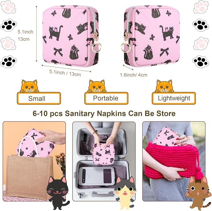 Likesing Tampon Holder for Purse, Canvas Period Bag Sanitary Napkin Storage Bag for Girls Womens, Portable Feminine Emergency Pad Period Pouch(Bow-Tie Black Cat)