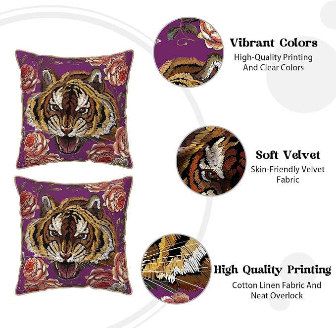 Tiger Flower Purple Velvet Pillow Covers 20x20 Inch Pink Floral Animal Throw Pillows for Couch Cushion Covers Pillowcase Farmhouse Modern Pillow Cases for Sofa Bed Living Room Bedroom