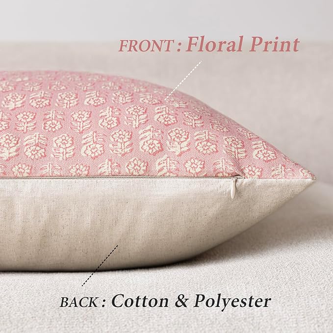 Foindtower Set of 2 Decorative Neutral Floral Print Throw Pillow Covers Vintage Accent Farmhouse Cushion Covers Boho Home Decor for Sofa Couch Chair Bedroom Living Room Outdoor,22×22 Inch,Light Pink