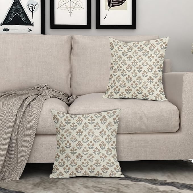 Brown Grey Gray Floral Block Print Pillow Covers 18x18 Inch Set of 2, Vintage Flower Pattern Decorative Throw Pillowcases Outdoor Farmhouse Cushion Covers Spring Summer Rustic Sofa Couch Bed Decor
