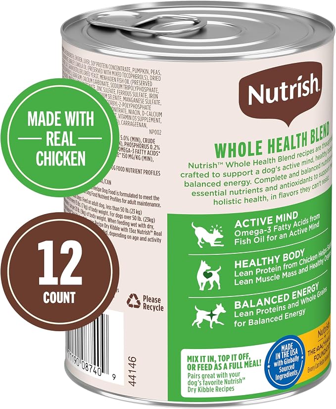 Nutrish Chicken Wet Dog Food Chunks in Gravy, 13 oz. Pack 12 (Rachael Ray) | No Poultry By-Product Meal, Artificial Preservatives or Flavors, No Added Corn or Wheat Ingredients, Made in the USA