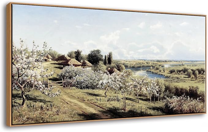 DJSYLIFE Farmhouse Apple Blossoms Landscape Framed Wall Art for Living Room | 20x40inch Vintage Canvas Picture, Large Country Painting Print, Rustic Artwork Decor for Bedroom & Above Bed, Ready to Hang