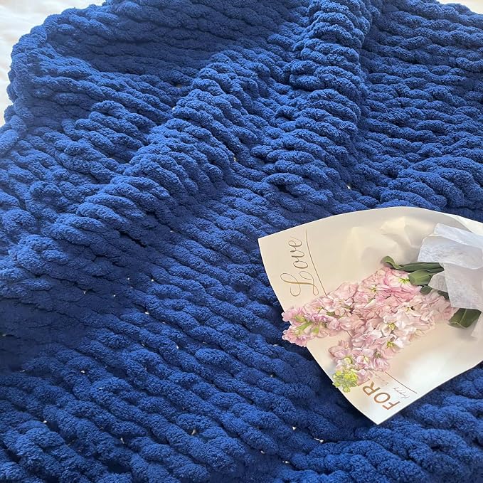 Soft Chunky Knit Throw Blanket for Couch, Cozy Warm Knitted Blankets | Hand Knit with Jumbo Chenille, Lightweight Warm Fluffy Decor for Women, Mom, Her & Girls, Sofa, Chair, Bed,40"×40"(Navy Blue)