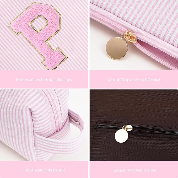 Personalized Makeup Bag for Women Girls - Fashion Cosmetic Bag Trendy Travel Toiletry Bag with Initials Letter - Teen Gifts - Pink,P
