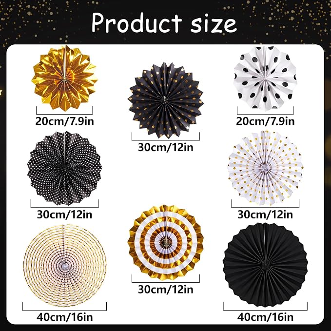 Black and Gold Decorations, Hanging Honeycomb Paper Pompoms Fan for Graduation Birthday Wedding Photo Backdrop Prom Night New Years Black and Gold Party Decorations, Set of 8