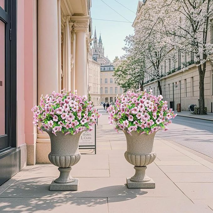 12 Pcs Artificial Flowers for Outdoors Decorations, Pink | Lifelike silk flowers, UV resistant, faux plastic plants, for garden porch window table vase home indoor outdoor decor