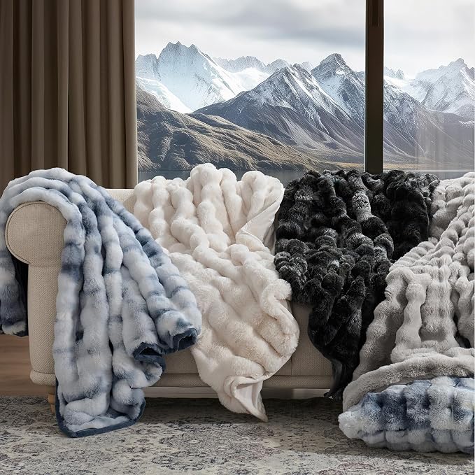 Faux Rabbit Fur Bubble Throw Blanket, 60"x80", Taupe | Ultra Soft, Luxury Faux Rabbit Fur Throw, Thick Warm Bubble Blanket, Cozy Fluffy Reversible, for Bed, Couch, Chair, Sofa