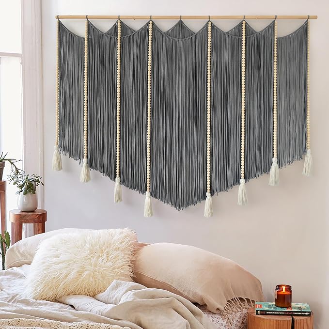 Jakalin Macrame Wall Hanging Grey Woven Yarn Large Boho Wall Art 57" x 43" | Handwoven Cotton, Fiber Wall Art, Grey Dip dye Design, Home Decor Boho, Macrame Yarn, Living Room, Bedroom Wall Decor