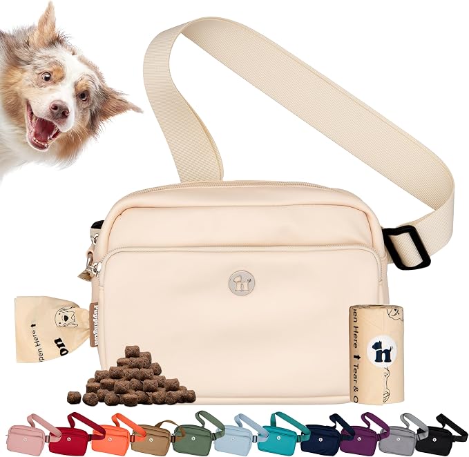 Puppington 3-in-1 Crossbody Bag & Dog Treat Pouch for Pet Training - Matching Poop Bags & Built-In Poop Bag Dispenser - Zippered Pockets - Dog Walking Bag for Office to Off-Leash (Vanilla Cream)