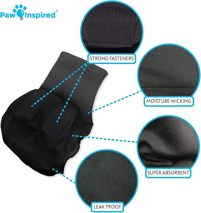 Paw Inspired Washable Male Dog Wraps, Black Color & Lining, Medium, 3 Pack | M Size, Black Colors, Reusable Cloth Belly Bands for Potty Training, Marking, Incontinence, Travel, Surgery