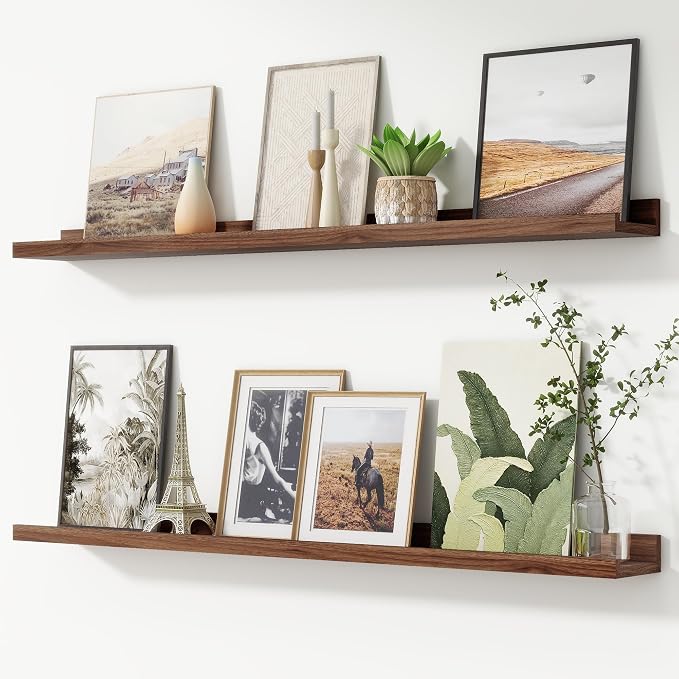 Picture Ledge Shelf, Floating Shelves for Wall, 44" W Set of 2, Walnut | FSC Certified Engineered Wood, Wall Mounted Bookshelf, for Nursery Living Room Bedroom, Pre-Drilled, Easy Install
