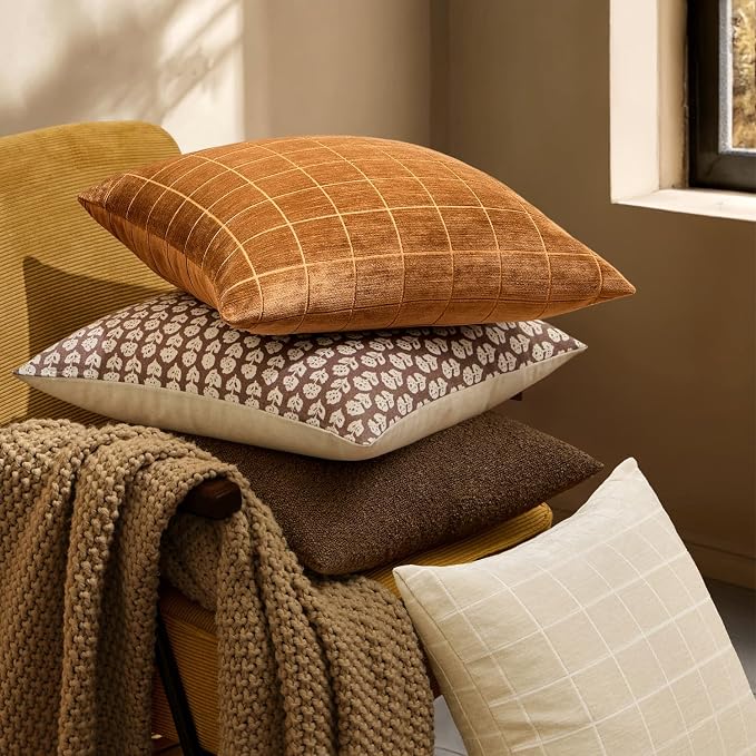 MIULEE Bronze Plaid Decorative Fall Throw Pillow Covers 18x18 Set of 2 | Vintage, Check Chenille Couch Pillows, Boho Farmhouse Cushion Covers, Modern Home Decor for Sofa Bed Living Room