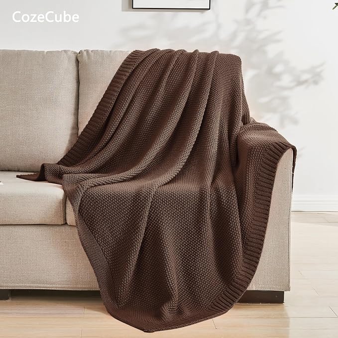 CozeCube Dark Brown Seed Stitch Throw Blanket 60"x80", Farmhouse Decor | Blanket for Couch, Soft Cozy Cable Knit Throw for Bed Sofa Living Room, Lightweight Warm Decorative Christmas Blanket