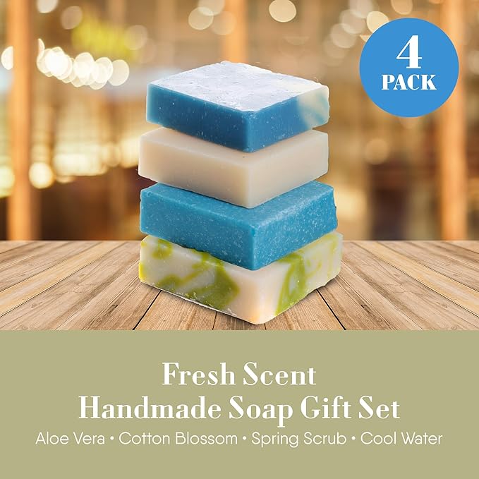360 Feel Fresh Bar Soap Set - Made in the USA - Castile Handmade All Natural Cold Processed - Infused 4 Refreshing Scents Aloe Vera, Cotton Blossom, Spring Scrub, & Cool Water - (5oz, 4-Pack)