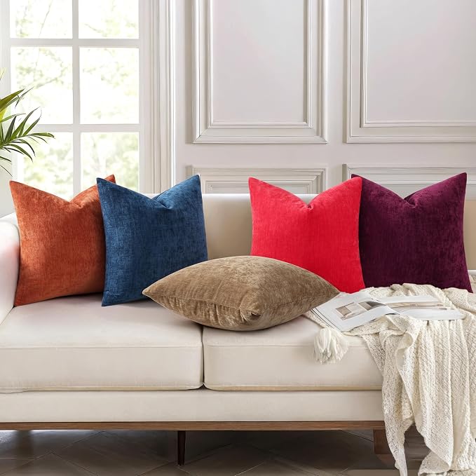 decorUhome Soft Chenille Reddish Brown Throw Pillow Covers 26X26 Set of 2 | Decorative Fall Couch Pillow Covers Solid Dyed Accent Modern Euro Sham Farmhouse Neutral Square Pillow Cases for Sofa