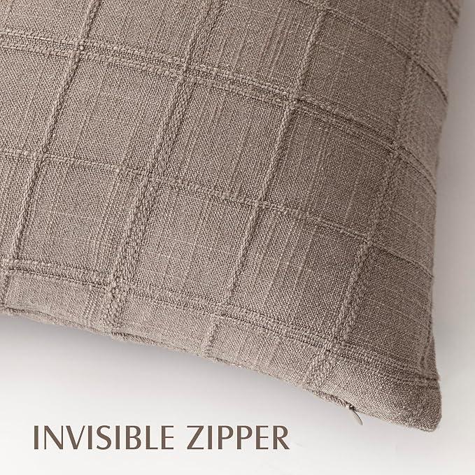 Foindtower Set of 2 Decorative Linen Check Throw Pillow Covers Neutral Farmhouse Vintage Cushion Covers Modern Boho Home Decor for Sofa Chair Couch Bedroom Living Room,20×20 Inch,Tan Taupe
