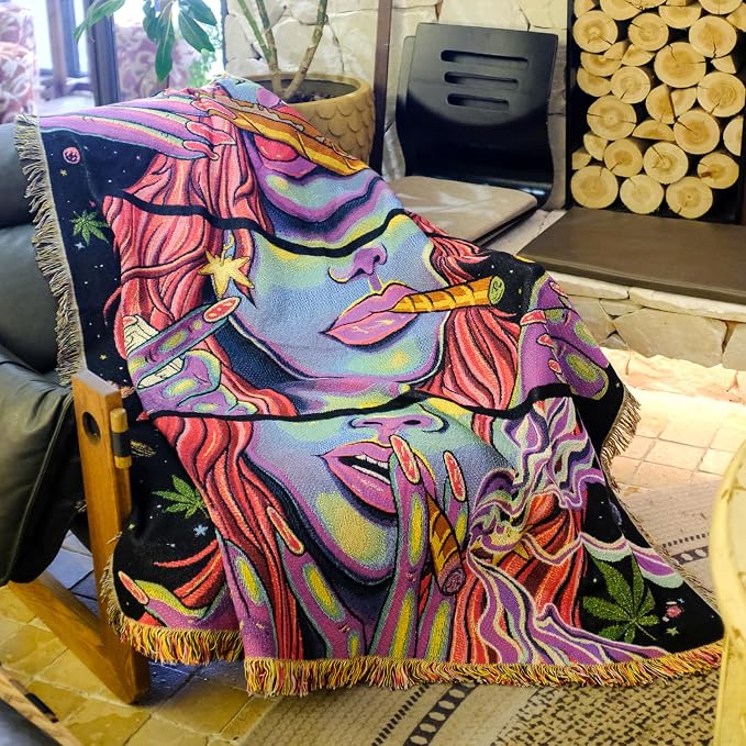Trippy Throw Blanket for Couch Bed Lounge Chair Hippy Trippy Boho Chair Throw Blanket Hippie Hippy Wall Tapestry Woven Throws Blankets Smoking Weed Accessories Marijuana Cannabis Boho Room Decor 51x59