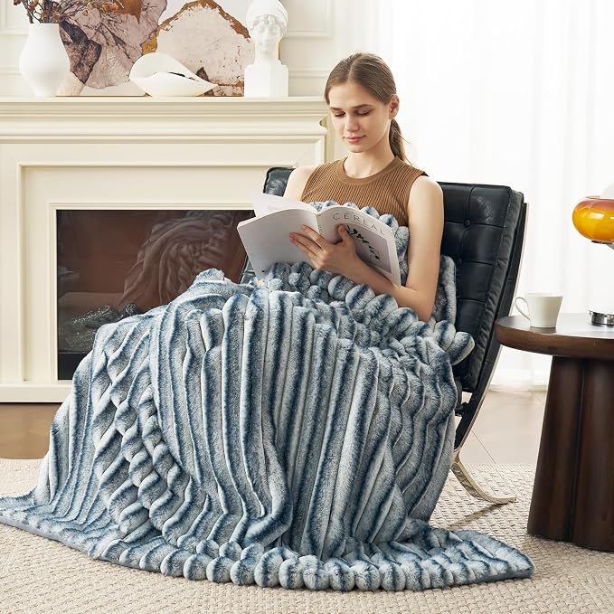 Cozy Bliss Faux Fur Throw Blanket for Couch, Cozy Warm Plush Striped Blanket for Sofa Bedroom Living Room, 50 * 60 Inches Blue