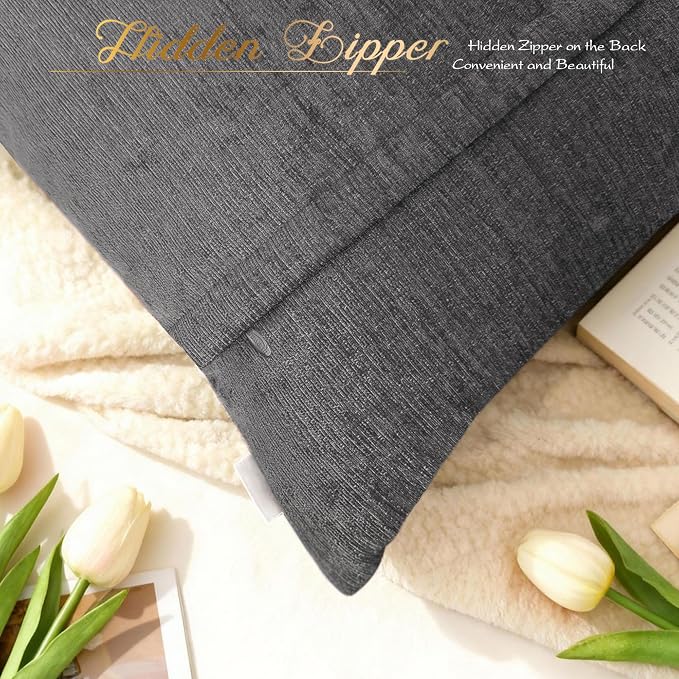 BRAWARM Chenille Throw Pillow Covers 22x22 Inches, Gray, 2 Pack | Decorative Pleated Pillow Covers, Soft Cushion Cases for Sofa Bed Living Room Home Farmhouse (No Insert)