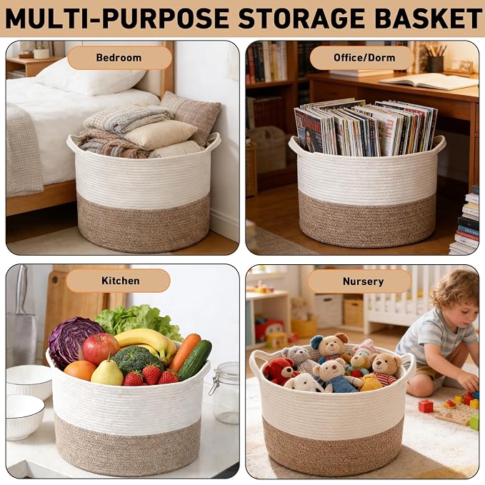 Large Woven Blanket Basket,65L Cotton Rope Laundry Basket | Collapsible Nursery Storage Bin with Sturdy Handles for Clothes, Toys, Pillows, Living Room Bedroom Bathroom - White & Brown