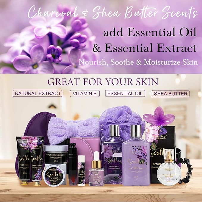 Mothers Day Gifts for Women, 26 Pcs Spa Kit, Spa Gift Set, CHARCOAL & SHEA BUTTER Bath & Body Gift Makeup Organizer, Spa Gift Basket, Face Skin Care Kit, Lip Self-Care, Serum, Birthday, Christmas