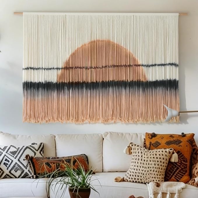 Macrame Wall Hanging Dip Dye Sunset Boho Wall Decor Fiber Art 57" W*35" L | Fiber Wall Art, Hand Dyed Wall Hanging, for Bedroom Living Room Office Dorm Room Accent, Aesthetic Home Style, Boho Decor