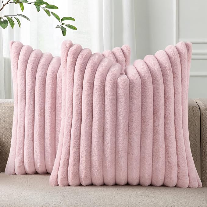 Pallene Faux Fur Decorative Throw Pillow Covers 22x22 Set of 2, Blush Pink | Luxury Plush Texture, Striped Design, Cozy Soft Touch, Modern Home Accent Decor for Couch, Sofa, Bed, Living Room
