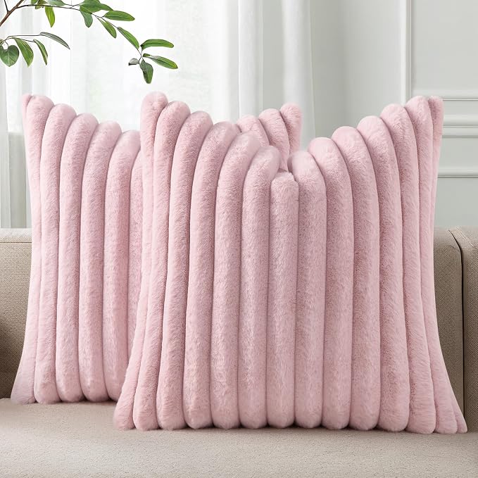 Pallene Faux Fur Decorative Throw Pillow Covers 20x20 Set of 2, Blush Pink | Luxury Plush Texture, Striped Design, Cozy Soft Touch, Modern Home Accent Decor for Couch, Sofa, Bed, Living Room