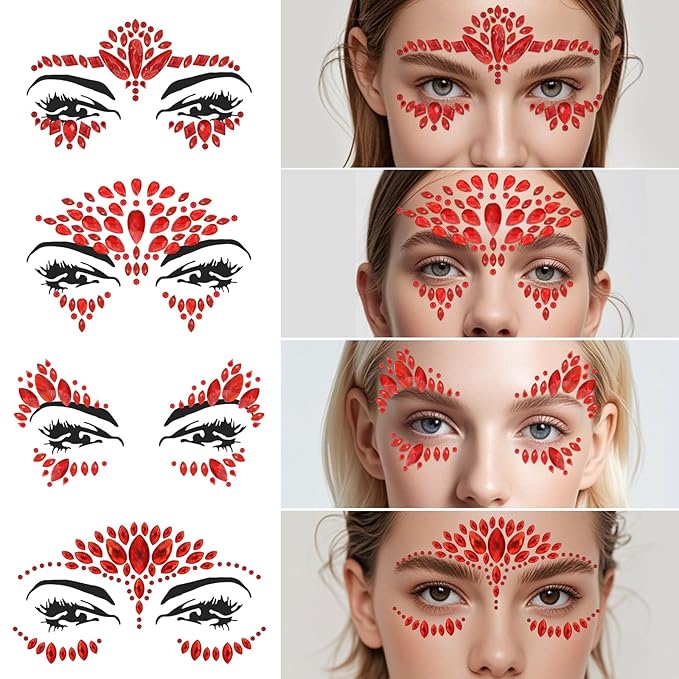 Erythem Face Gems for Women 6 Sheets Red Face Jewels Stick On Self Adhesive Rhinestones Stickers for Halloween Makeup Music Festival Rave Party