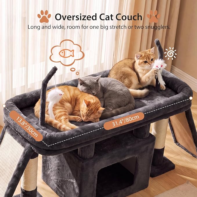 Heybly Cat Tree Extra-Long & Stable 2 Adjustable Scratch Boards HCT210SG | Easy-Climb Cat Tower with Dual-Leg Floor Condo, Sturdy Cat Furniture with Extra Wide Platform & Interactive Toys, Smoky Gray