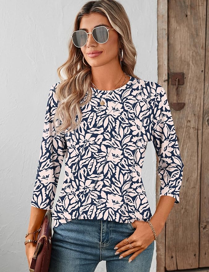 LOMON 3/4 Length Sleeve Womens Tops Spring Summer Fashion 2026 Tops Crew Neck Pleated Shirts Tunic Top Loose Fit