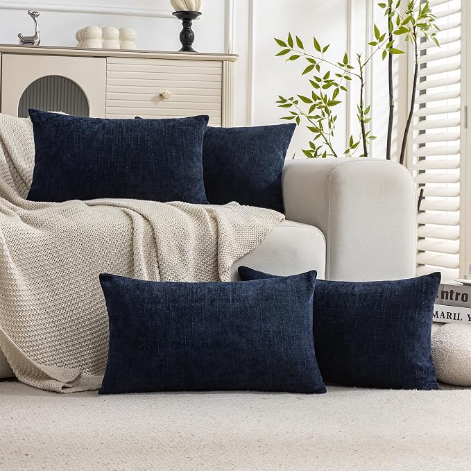 Set of 4 Soft Textured Decorative Throw Pillow Covers 12X20 Inch Cozy Farmhouse Cushion Cover Square Accent Pillow Cases for Bed Couch Sofa Living Room, Navy Blue