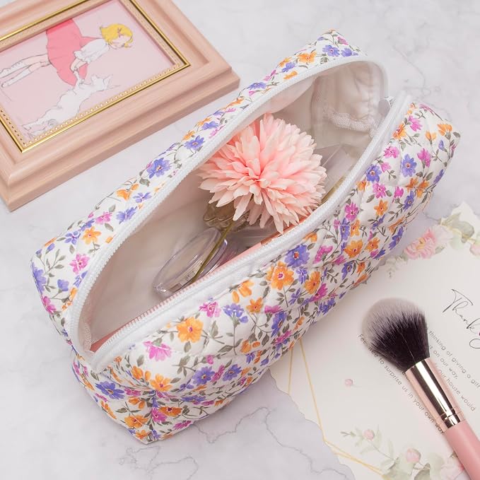 PAZIMIIK Small Quilted Makeup Bag,Zipper Cosmetic Pouch,Ditsy Floral,2 Pack | Lightweight Cosmetic Bag Organizer for Women,Purse Storage Holds Makeup,Toiletries,Skincare,Beauty Essentials,Travel Items