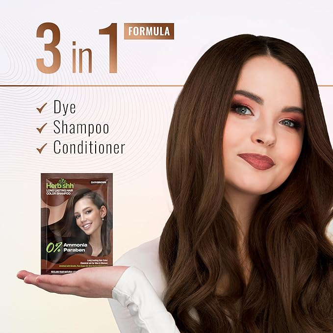 Herbishh Dark Brown Shampoo for Gray Hair, Hair Dye Shampoo 3 in 1, 100% Grey Coverage, Instant Permanent Shampoo for Men & Women, Long-lasting & Travel-friendly, Ammonia-free, 30 ml (Pack of 2)