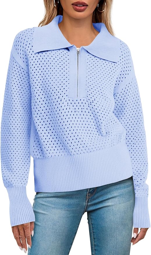 Doshoop Womens Summer Crochet Sweaters Long Sleeve Hollow Out Knit Half Zip Lapel Collar Pullover Tops