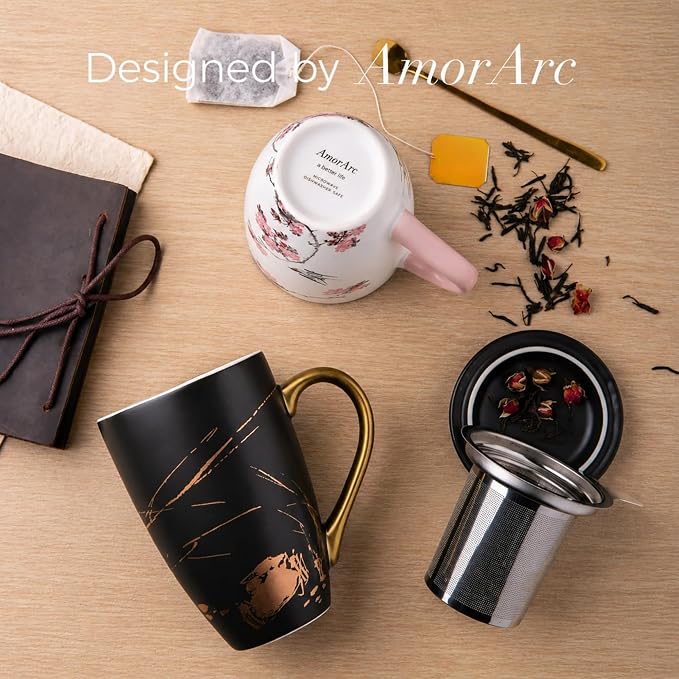 AmorArc Ceramic Tea Cup with Infuser and Lid, 17 Oz, Ceramic Cup with Handle for Steeping Loose Leaf Teas, Steeping Tea Mug with Strainer, Black