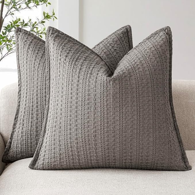 Foindtower Set of 2 Decorative Cotton Waffle Weave Throw Pillow Covers Euro Shams Cushion Covers Accent European Pillowcase for Bed Couch Sofa Bedroom Living Room Home Decor 22×22 Inch Taupe Gray