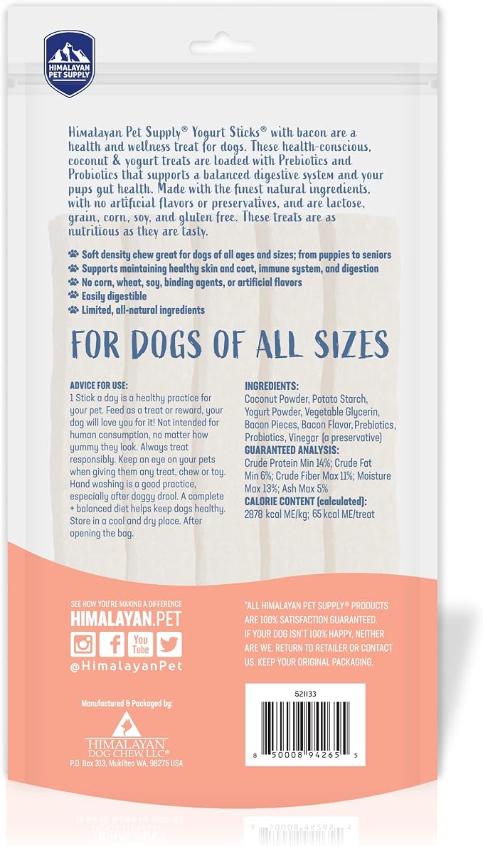 Himalayan Dog Chew Yogurt Sticks, Bacon Flavor, 5 Pieces, Pack of 4 | Prebiotic & Probiotic | Grain-Free | USA Made