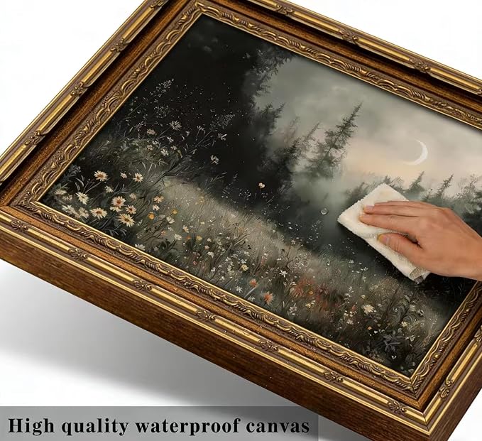 Vintage Gold Framed Moonlit Forest Wall Art Crescent Moon Forest Wildflower Gothic Canvas Print Dark Moody Moon Botanical Flowers Wall Decor Rustic Nature Night Landscape Poster Artwork for Offices