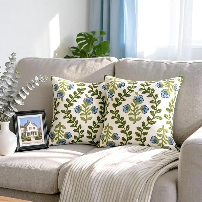 Alysheer Floral Embroidered Summer Decorative Throw Pillow Covers 20"x 20" Set of 2, Farmhouse Cottage Blue Flowers Green Leaves Knit Pattern Cotton Canvas Cushion Case for Couch Bed Living Room