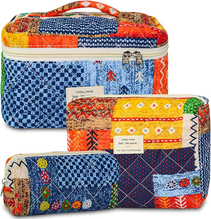 GISMTR 3Pcs Makeup Bag Cotton Quilted Travel Cosmetic Bag Cute Floral Makeup Pouch Large Toiletry Bag for Women Girls