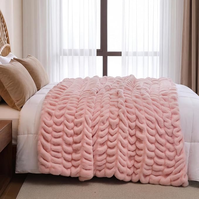 Blush Pink Fluffy Blanket for Couch - Luxury Faux Rabbit Fur 50"x60" | Ultra Soft & Plush Comfort Ruched Blanket, Cozy Fuzzy Fleece Throw for Sofa, Bed & Office, Gift for Women, Pink Room Decor