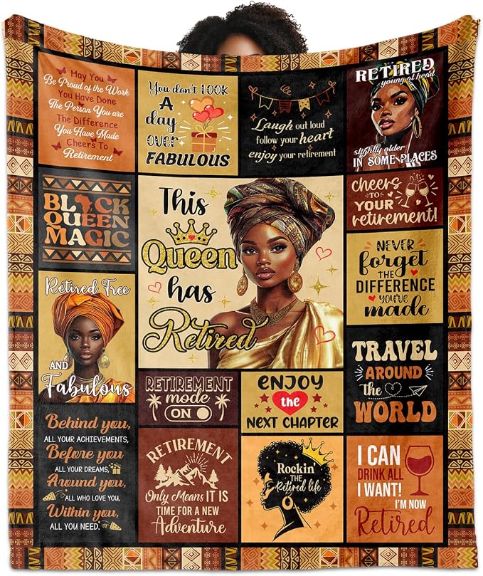 African American Retirement Gift for Woman Throw Blanket 50"X60", Best Retired Gifts for Women 2026, Afro Inspirational Gifts Idea for Retirement Coworker/Teacher/Nurse/Mom/Sister/Friend