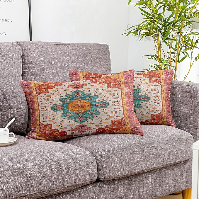 Boho Throw Pillow Covers 12x20 inch Set of 2,Soft Pillowcases Bohemia Carpet Printing Pattern Decorative Sofa Living Room Bed Rectangle Pillow Case Cushion Cover-Reddish Orange