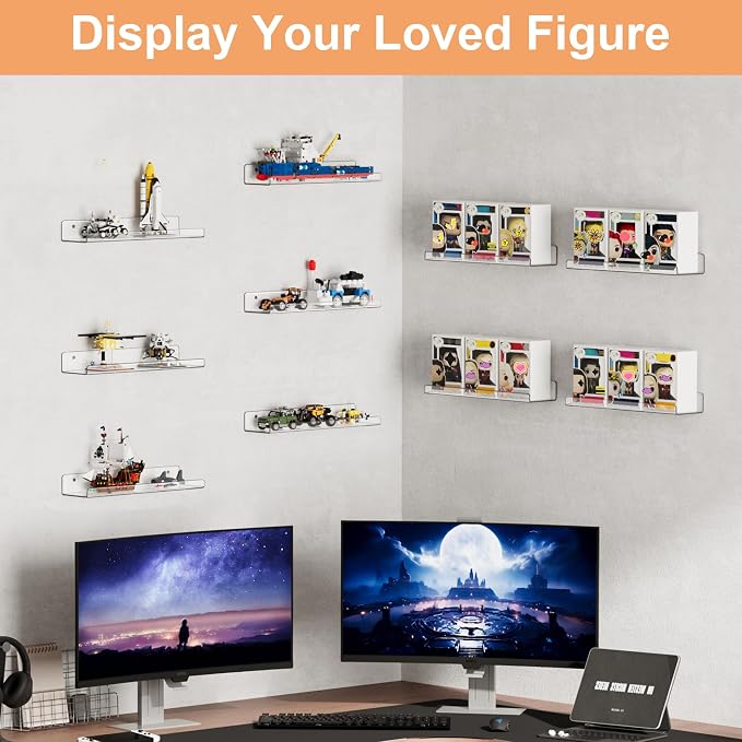 upsimples 16 Pcs 15" Acrylic Shelves for Wall Storage and Organizer, Clear | Transparent Design Highlights Skincare, Perfume, Easy-to-Find Versatile Floating Shelves for Bathroom, Bedroom and Playroom
