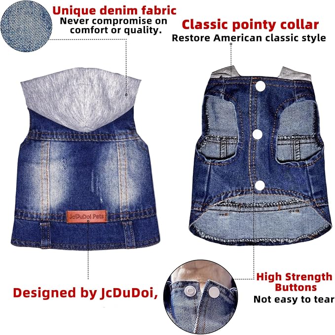 Small Dog Jeans Jacket with Hooded,Denim Pet Coat for Puppy(XXL) | Classic Dogs Hoodie Overalls Male Cat Costumes Washed Vest Clothes Outfit T-Shirts